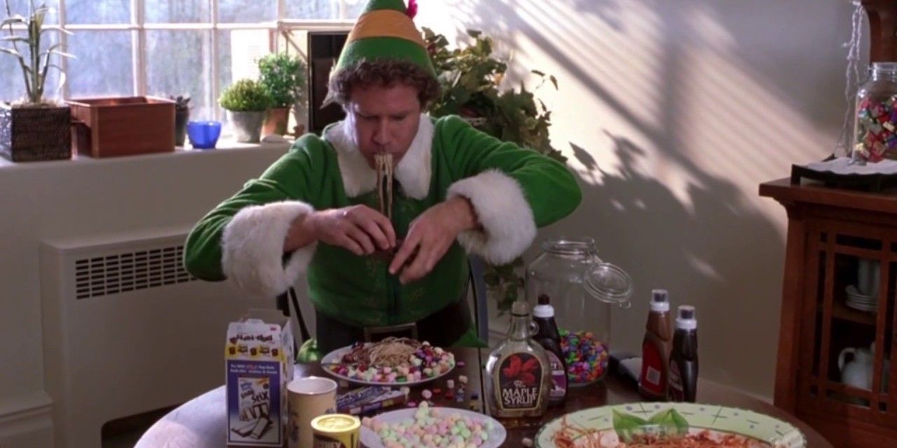 Buddy breaking up poptarts over his spaghetti in Elf