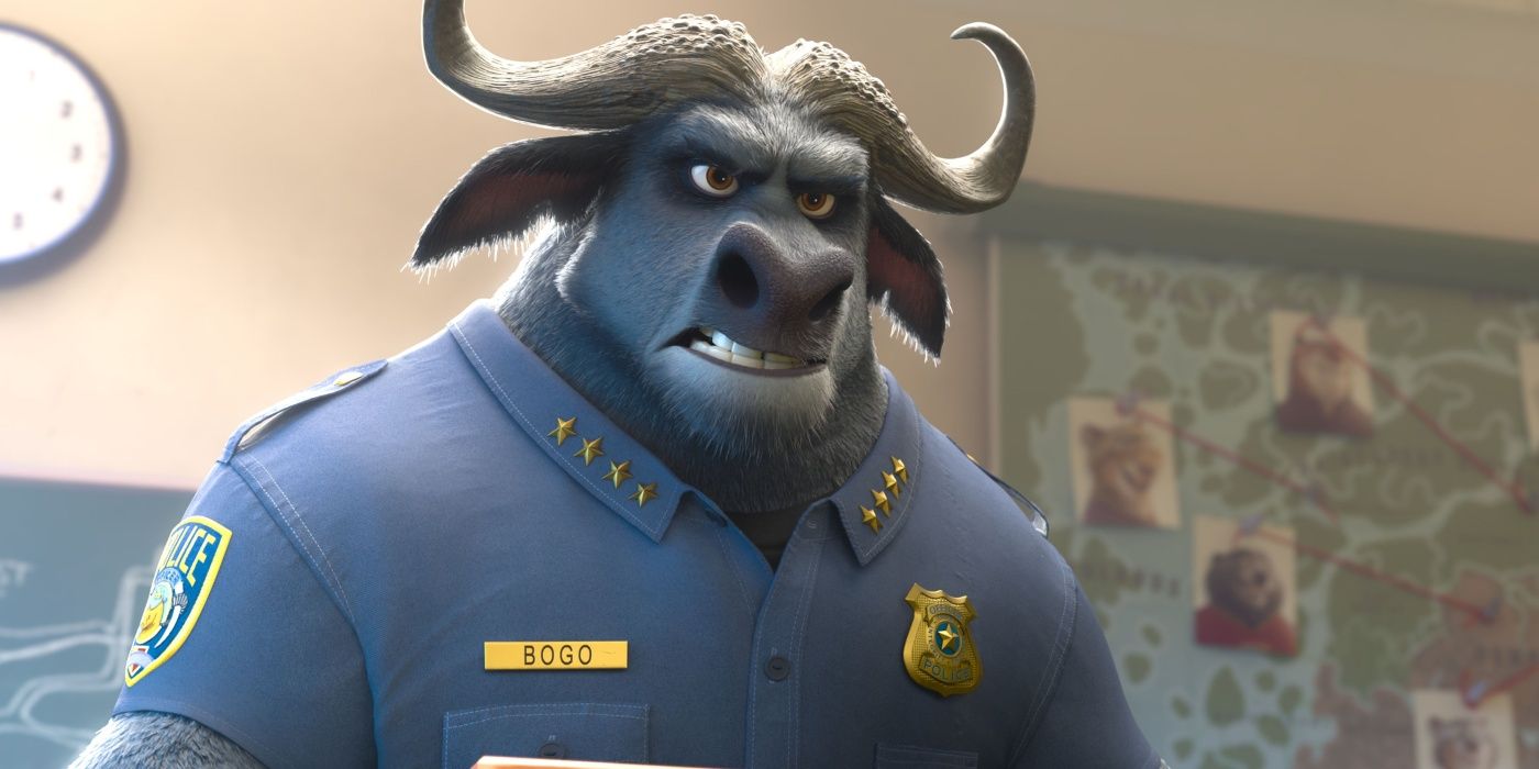 Chief Bogo in front of a map in Zootopia