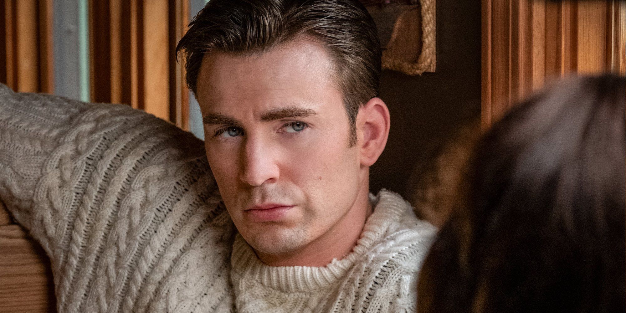 Chris Evans with sweater in restaurant as Ransom Drysdale in Knives Out