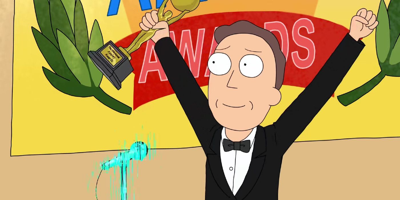 Jerry wearing a tux and celebrating in Rick and Morty