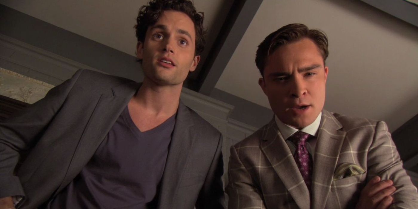 Chuck and Dan stare at a dog in Gossip Girl.