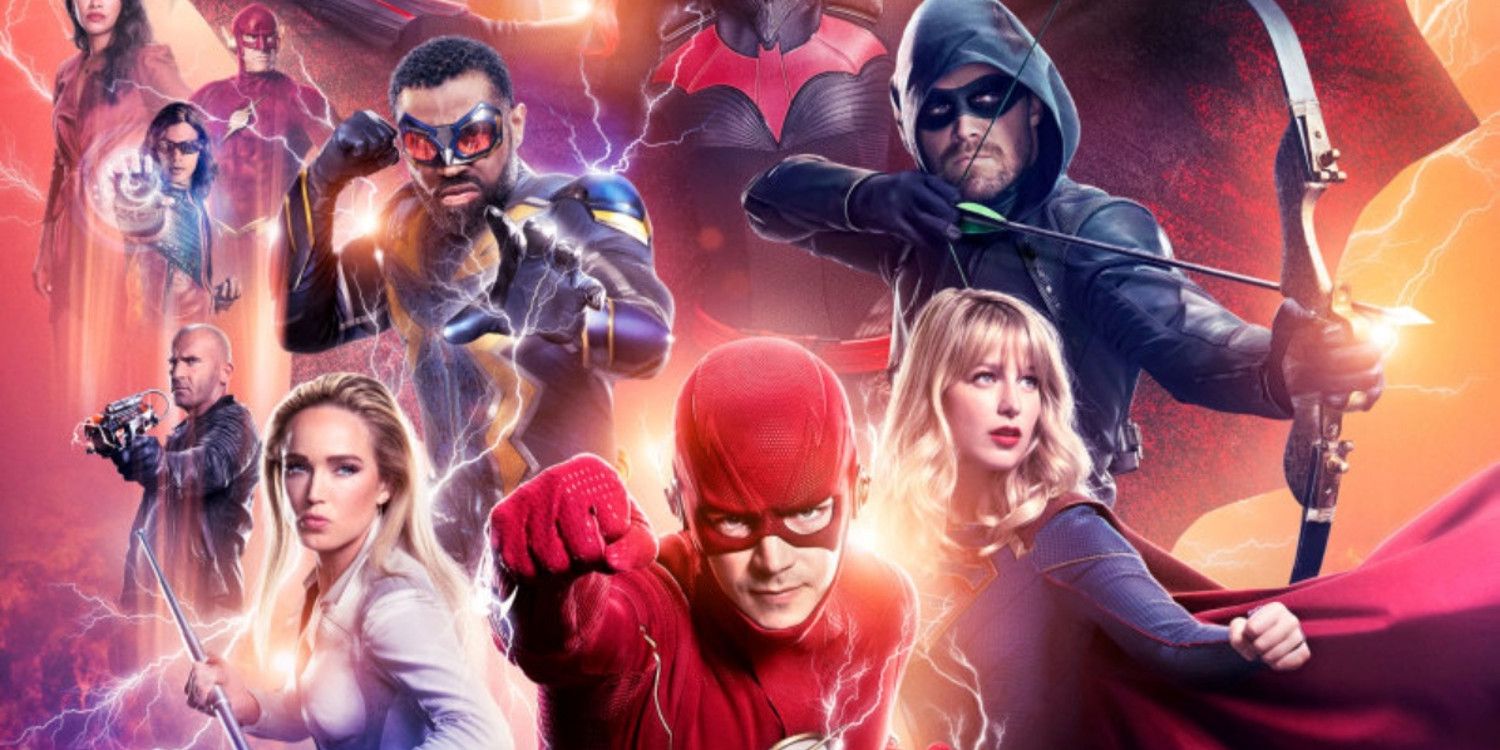 Arrowverse heroes The Flash, Green Arrow, Supergirl, Black Lightning and White Canary unite in various superhero poses on the Crisis on Infinite Earths Part 1 Poster