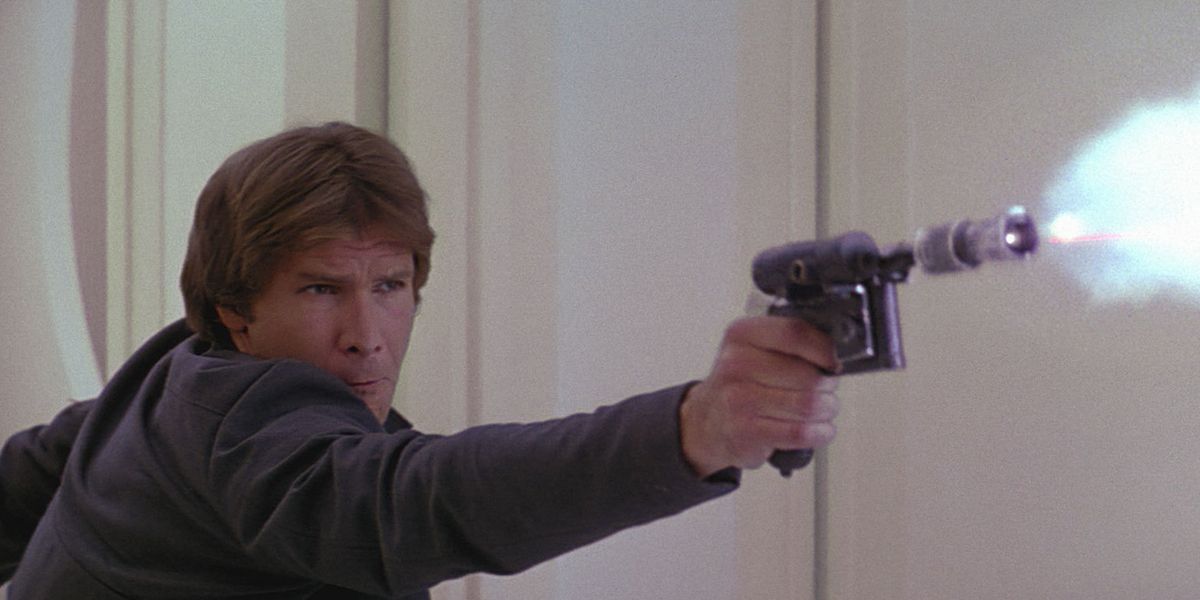 Han Solo fires at stormtroopers using his blaster pistol in Star Wars