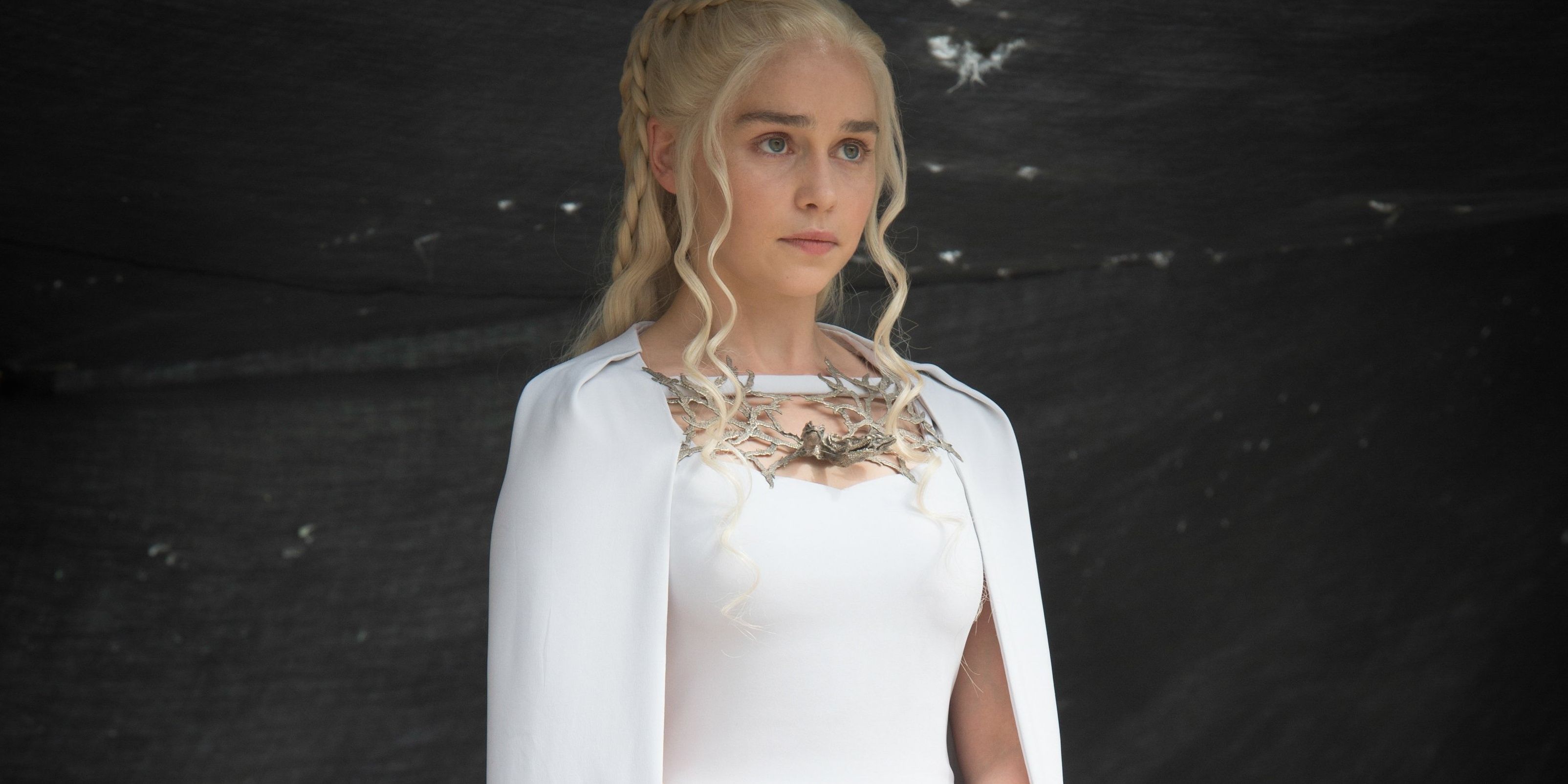 Daenerys in a white gown on Game of Thrones. 