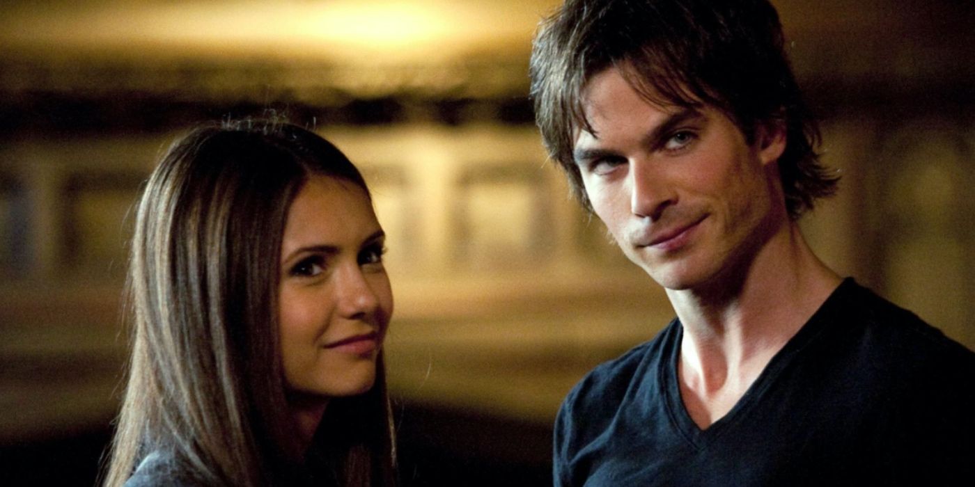 Elena and Damon smirking in TVD.