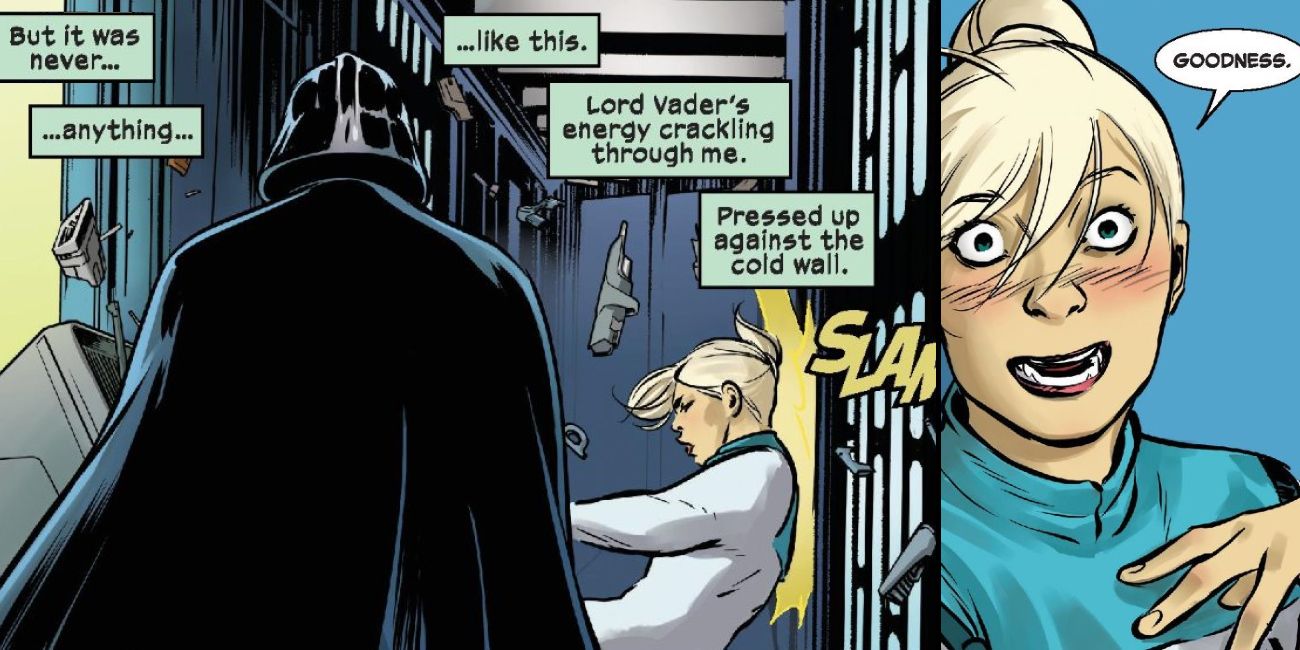 A nurse who is infatuated with Vader enjoys being force pushed to the wall in the Dark Visions comic