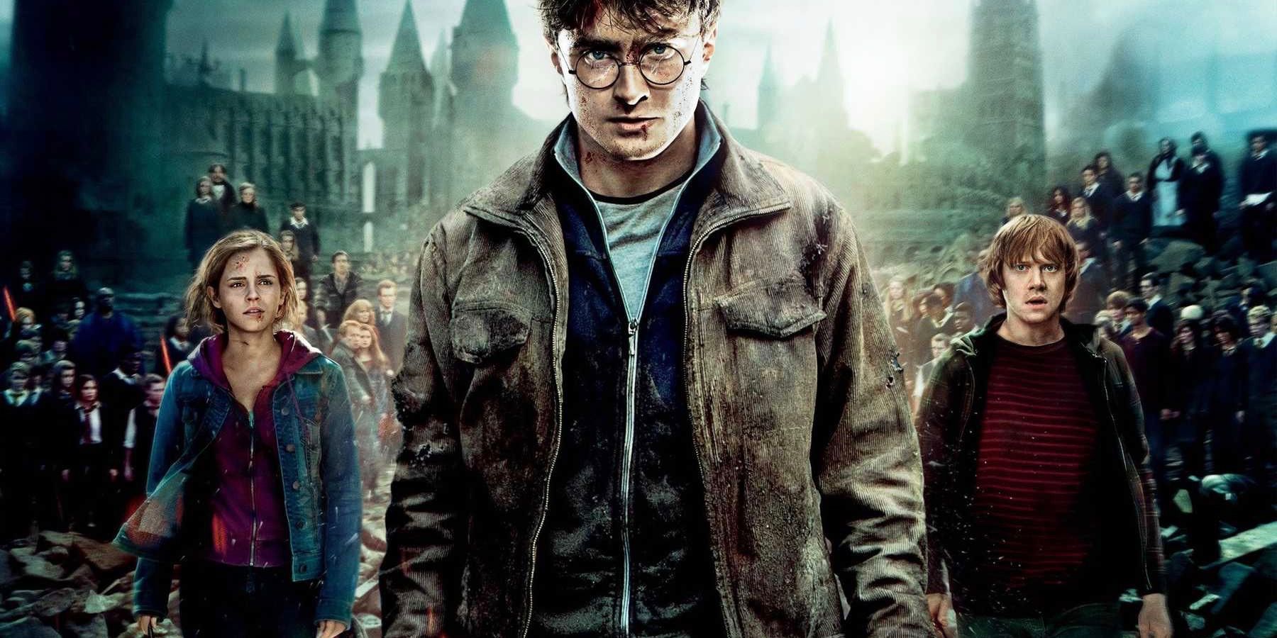Hermione, Harry, and Ron on the poster of Harry Potter and the Deathly Hallows Part 2