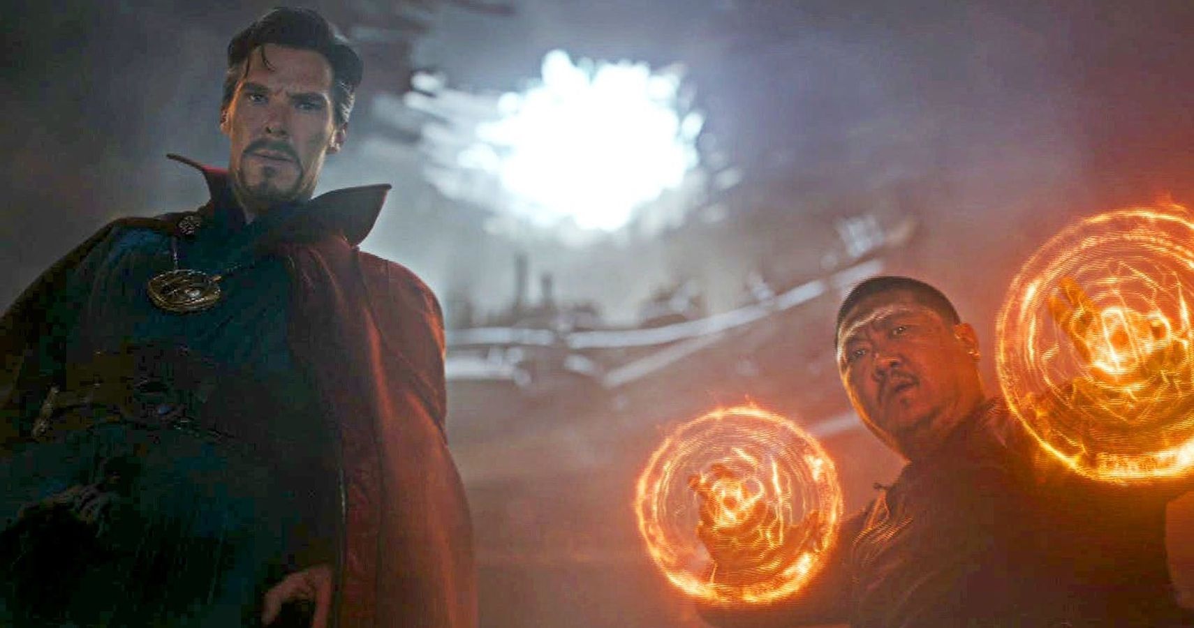 Benedict Cumberbatch as Doctor Strange and Benedict Wong as Wong meeting Hulk Bruce Banner
