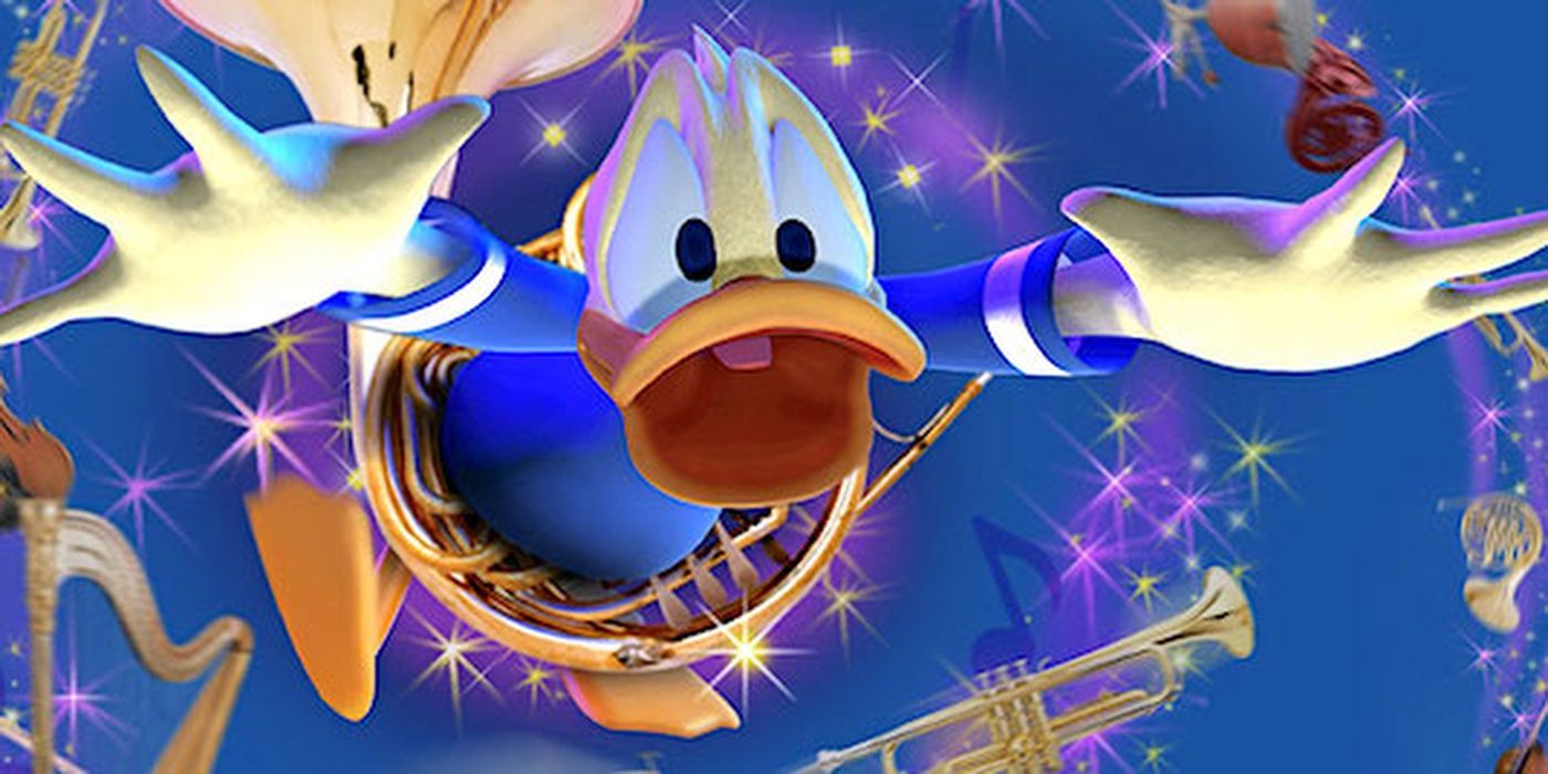 Donald being sucked into a musical vortex in Mickey's Philharmonic ride.