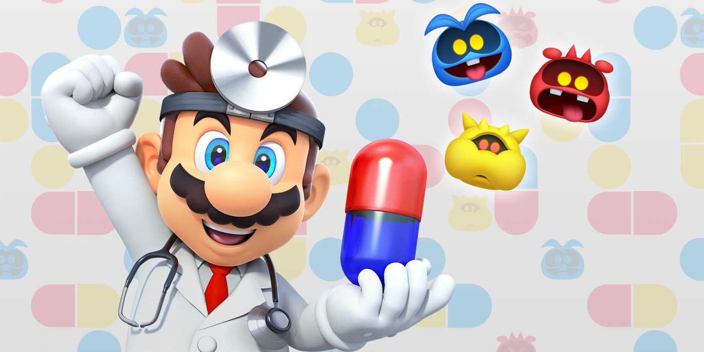 Doctor Mario smiling and raising an arm while holding a pill