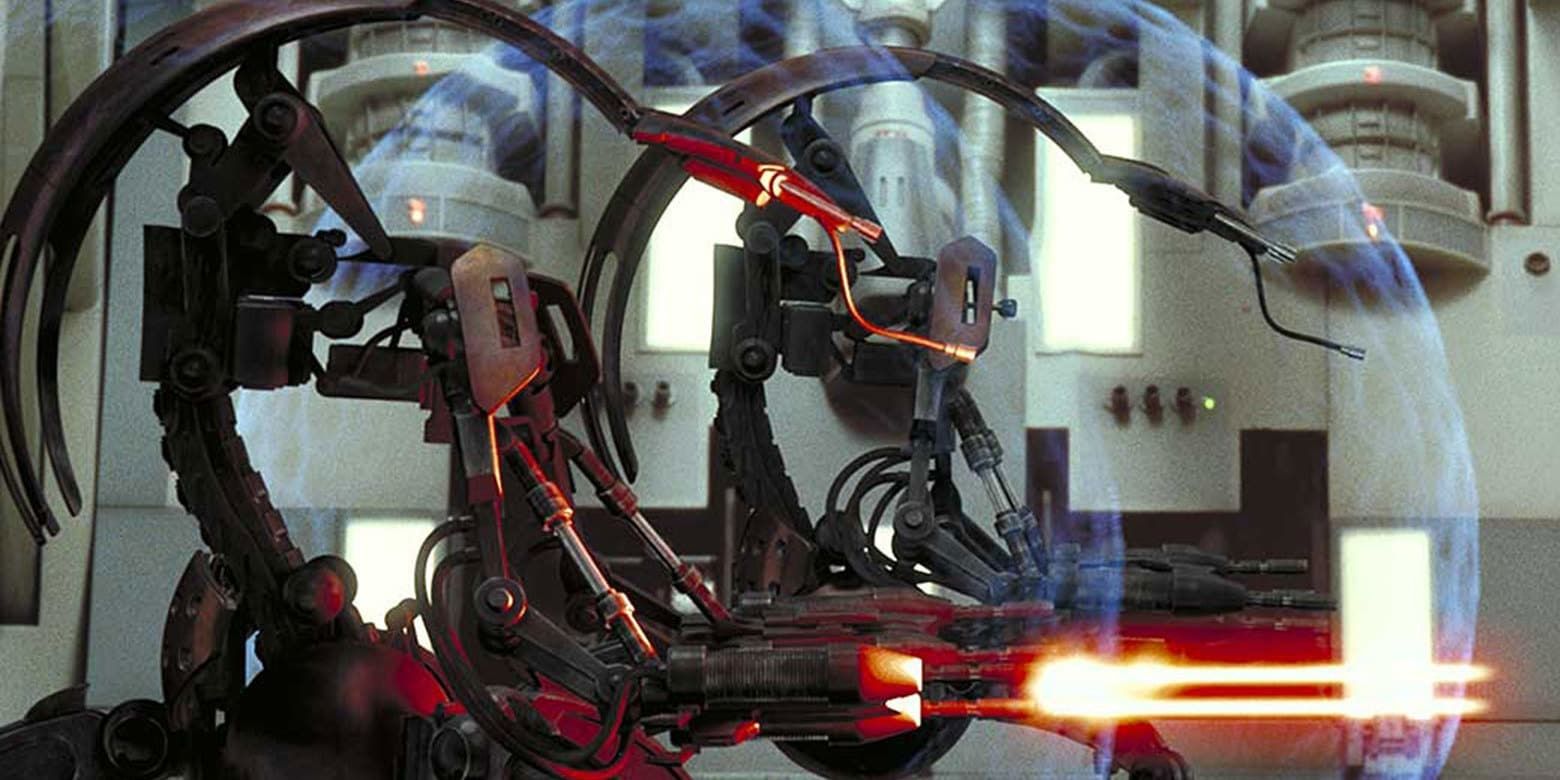 Destroyer droids attack in The Phantom Menace.
