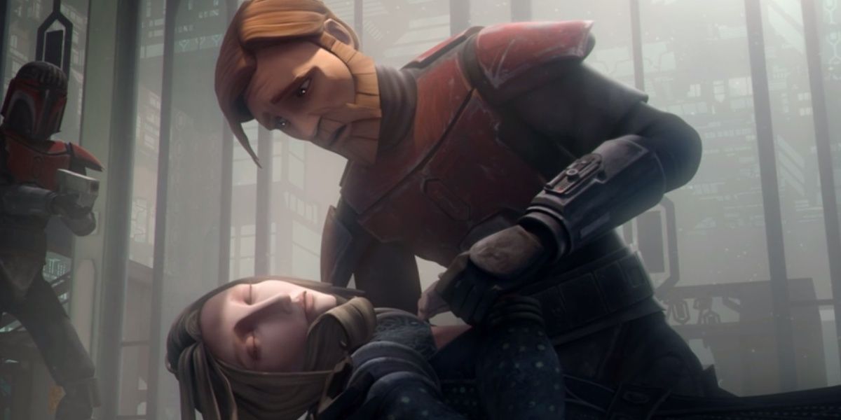 Duchess Satine Kryze dies in Obi-Wan's arms after being killed by Maul in The Clne Wars