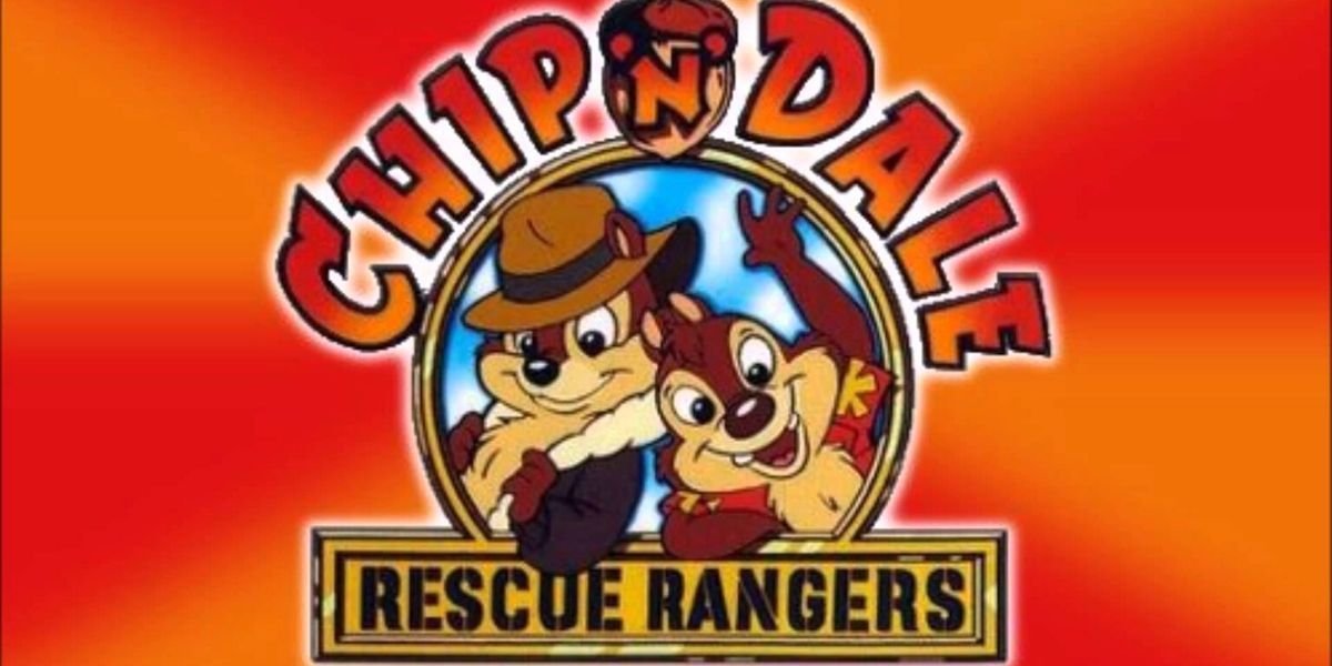 Chip N Dale pictured with the Rescue Rangers logo 