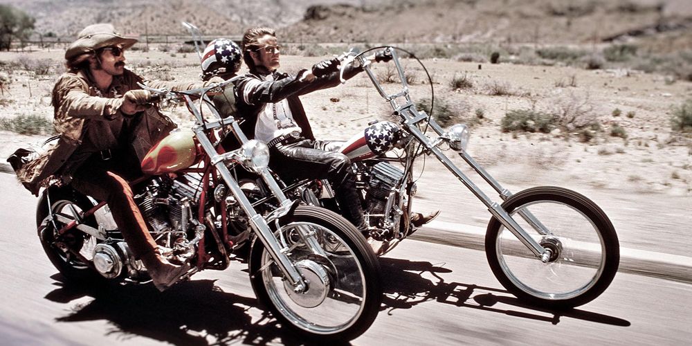 Peter Fonda and Dennis Hopper riding motorcycles in Easy Rider