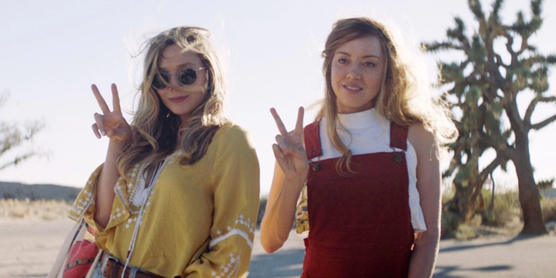 Taylor and Ingrid posing and doing the peace sign in Ingrid Goes West