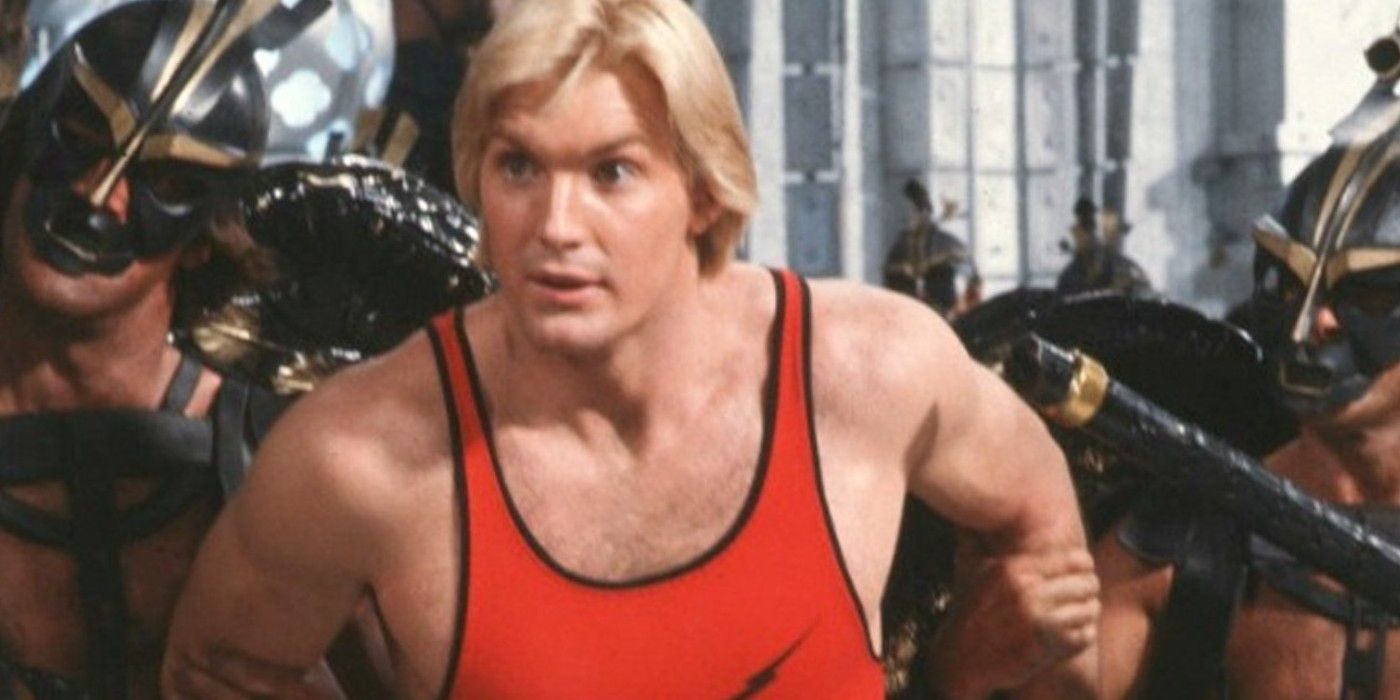 Flash Gordon in movie captured and looking slightly off camera.
