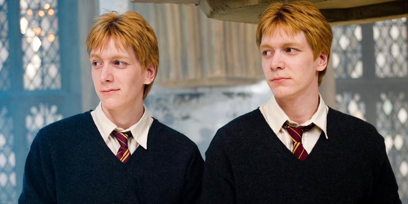 Fred and George Weasley standing next to each in Harry Potter