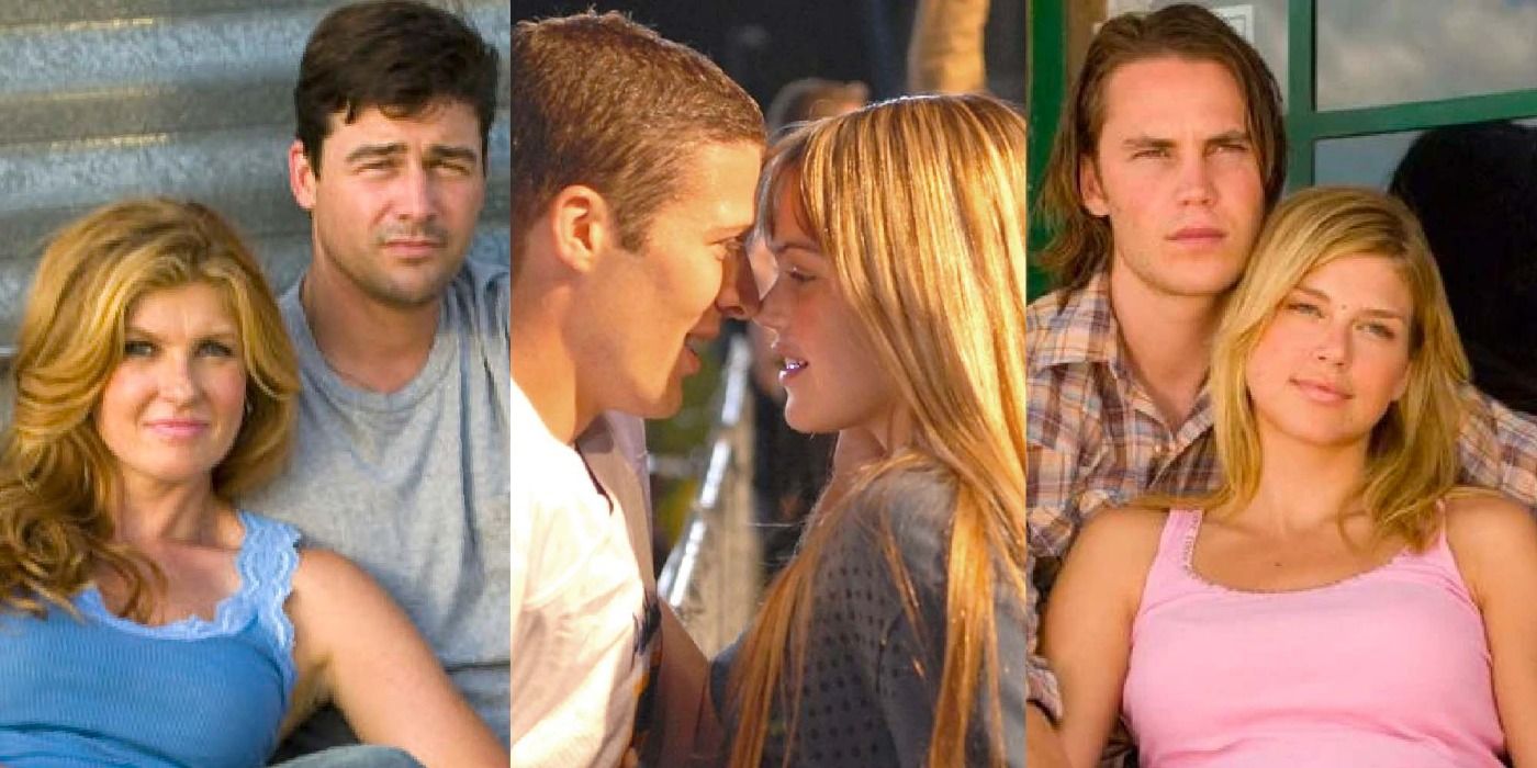 A split image depicts Friday Night Lights couples Tami and Eric, Matt and Julie, and Riggins and Tyra