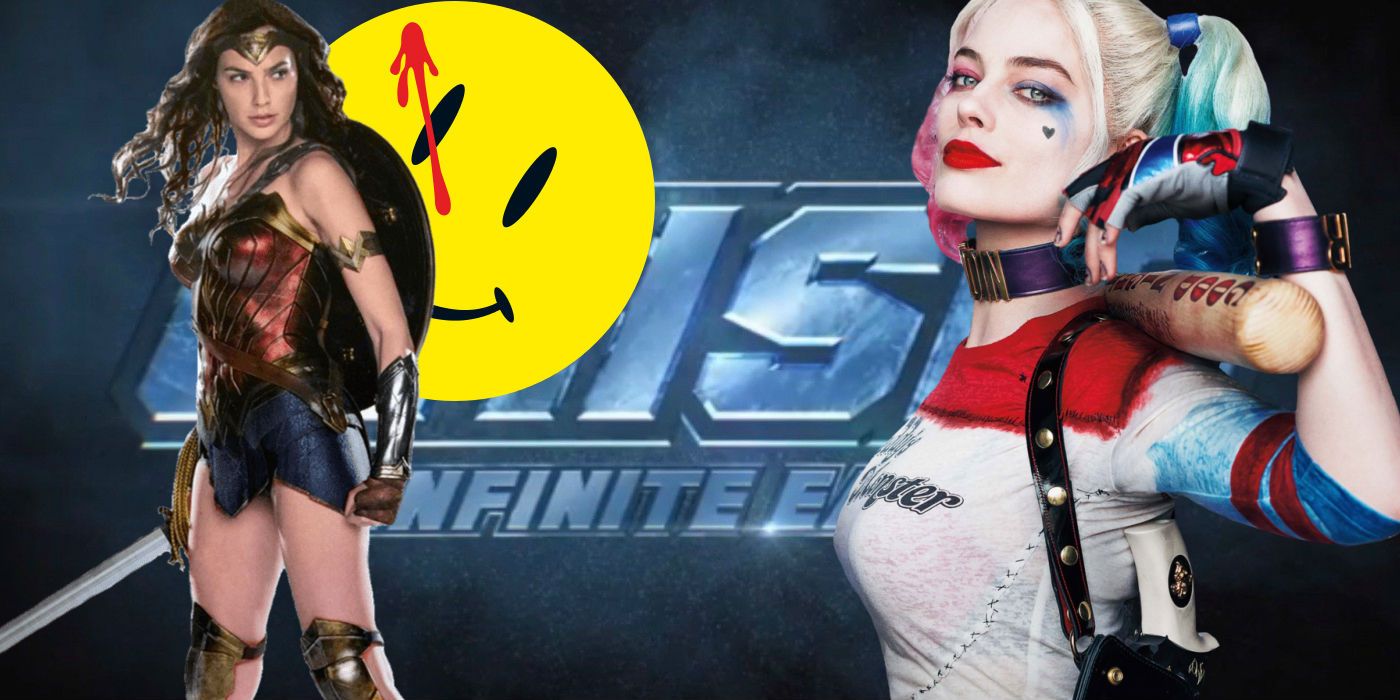 Gal Gadot as Diana Prince in Wonder Woman, Margot Robbie as Harley Quinn in Suicide Squad, Watchmen logo, Crisis On Infinite Earths logo