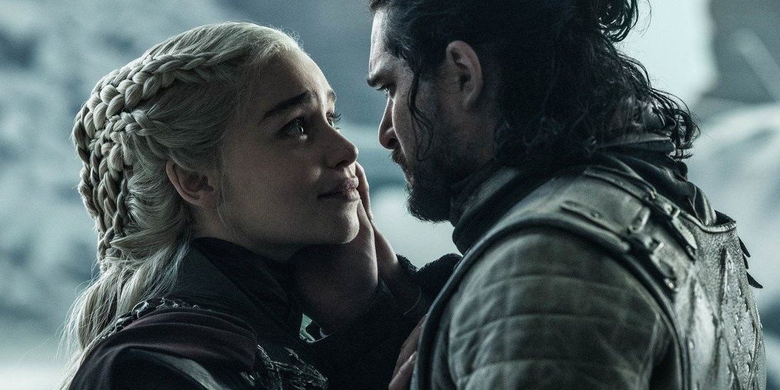 Jon embracing Daenerys in Game of Thrones