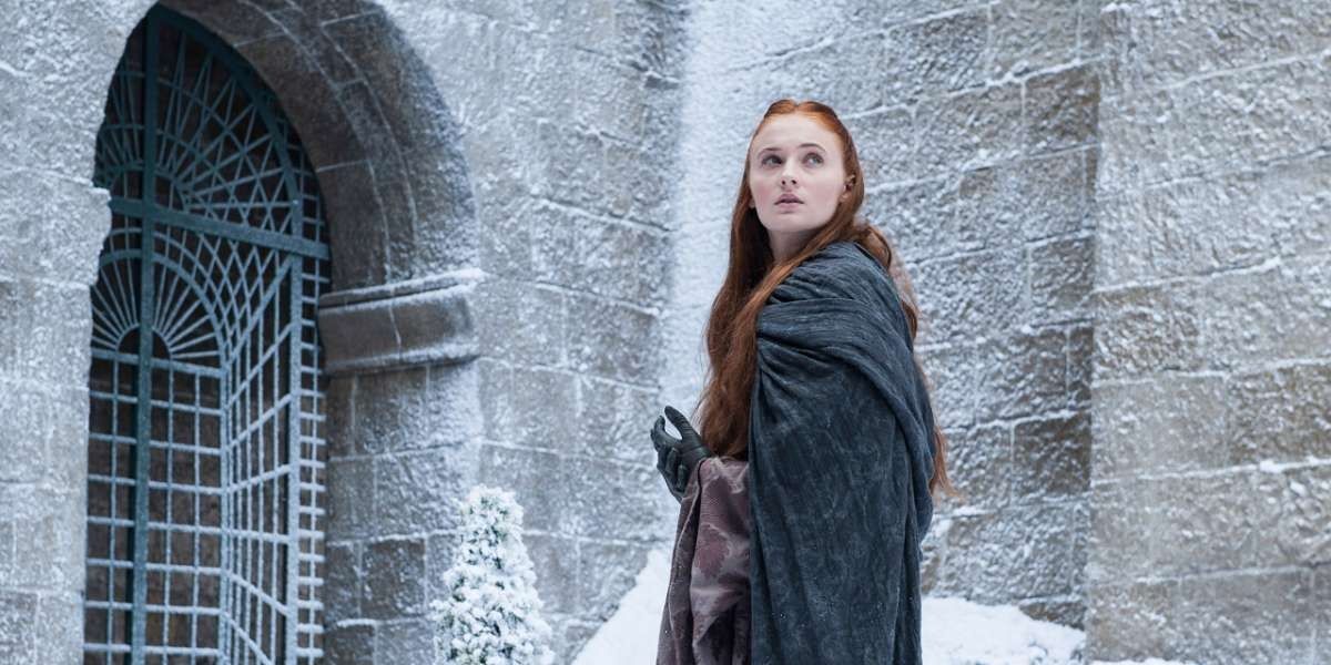 Sansa Stark in the Eyrie standing in the snow in Game of Thrones 