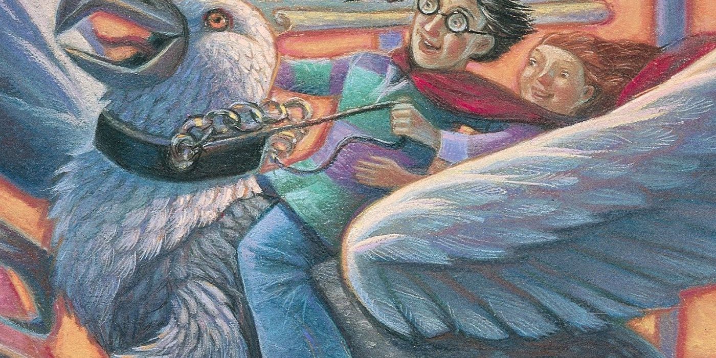 Harry and Hemione riding buckbeak on the cover for Harry Potter and the Prisoner of Azkaban.
