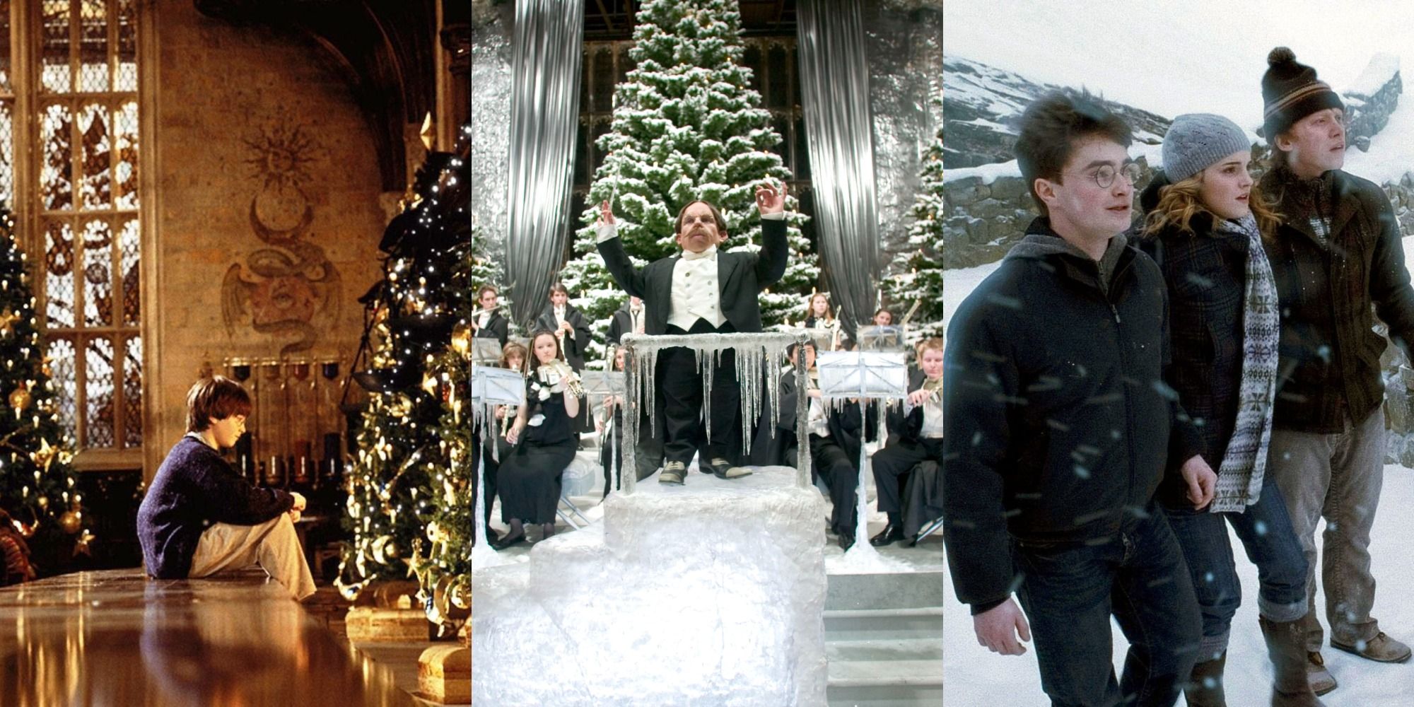 Split image of Harry looking at a Christmas tree, the Yule Ball, and a shocked Harry, Ron and Hermione in the snow