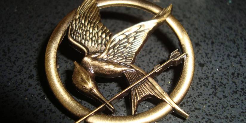 A closeup of the mockingjay pin in The Hunger Games