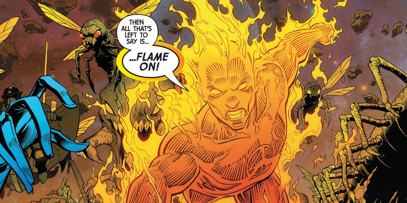 The Human Torch dramatically shouting &ldquo;flame on&rdquo; as he flies toward the reader.