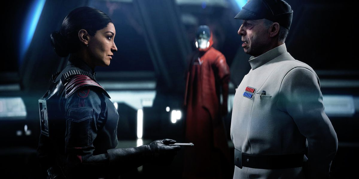 Iden Versio and her father with Palpatine's robot standing on an imperial ship in Battlefront II