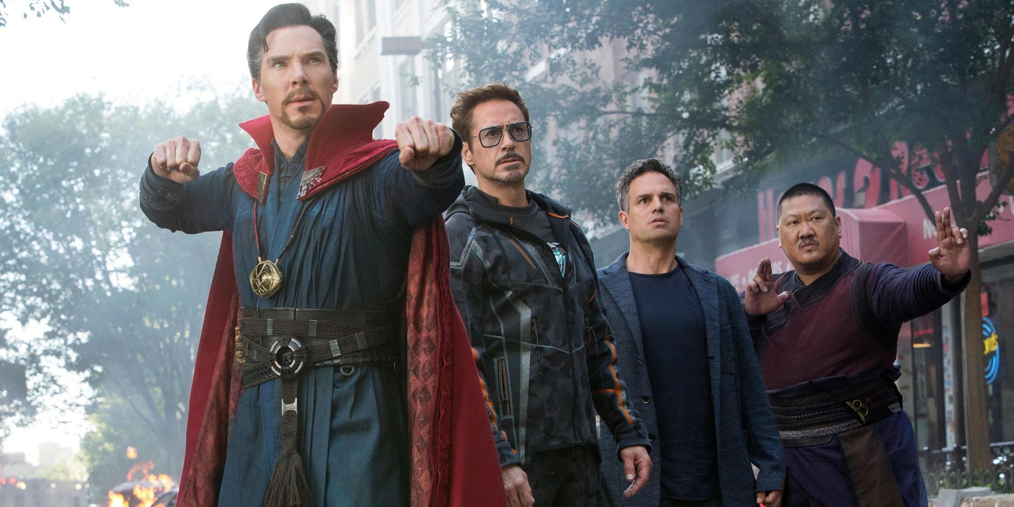 Stephen Strange, Tony Stark, Bruce Banner, and Wong on the street in Avengers: Infinity War
