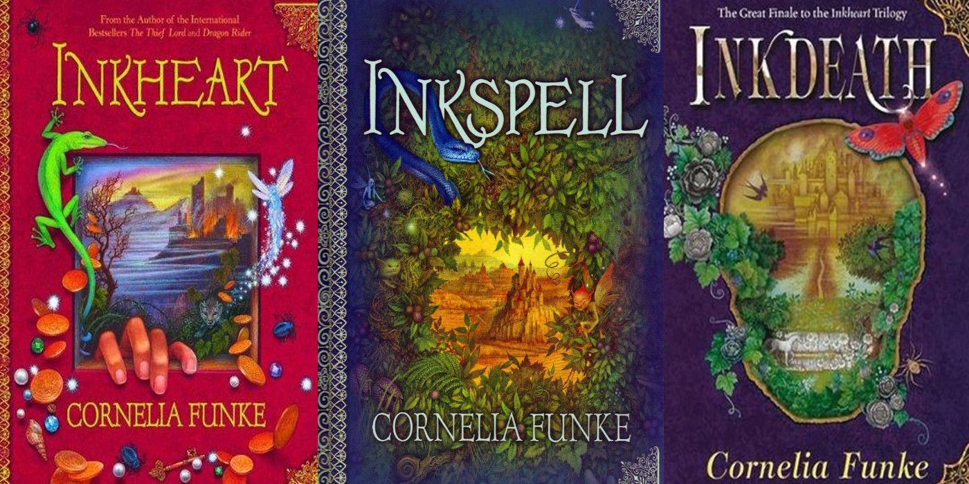 The book covers for Inkheart, Inkspell, and Inkdeath side by side