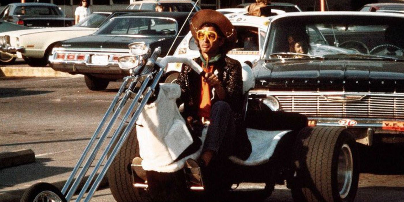 Jeff Goldblum on a three-wheeled motorcycle in Nashville