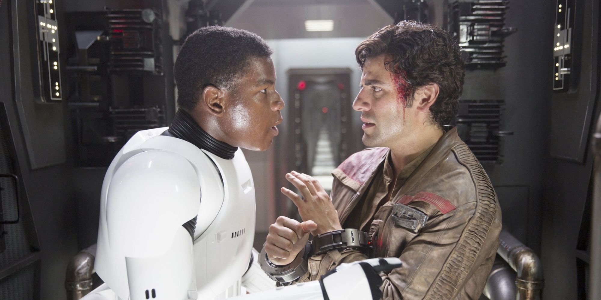 John Boyega as Finn and Oscar Isaac as Poe Dameron in Star Wars The Force Awakens