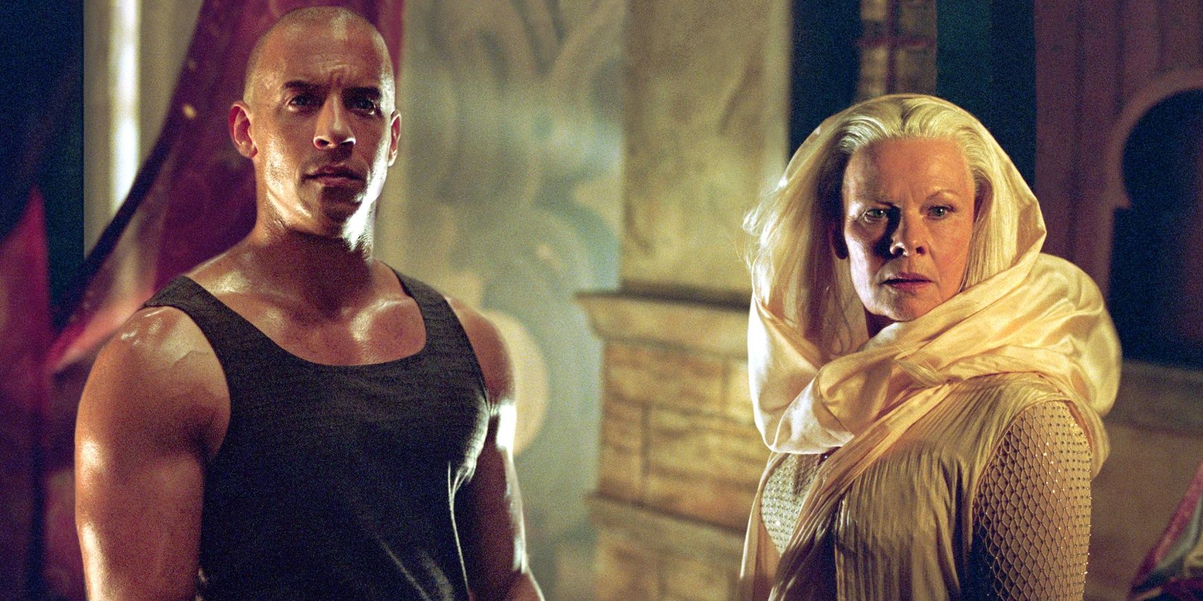 Judi Dench alongside Vin Diesel in The Chronicles of Riddick