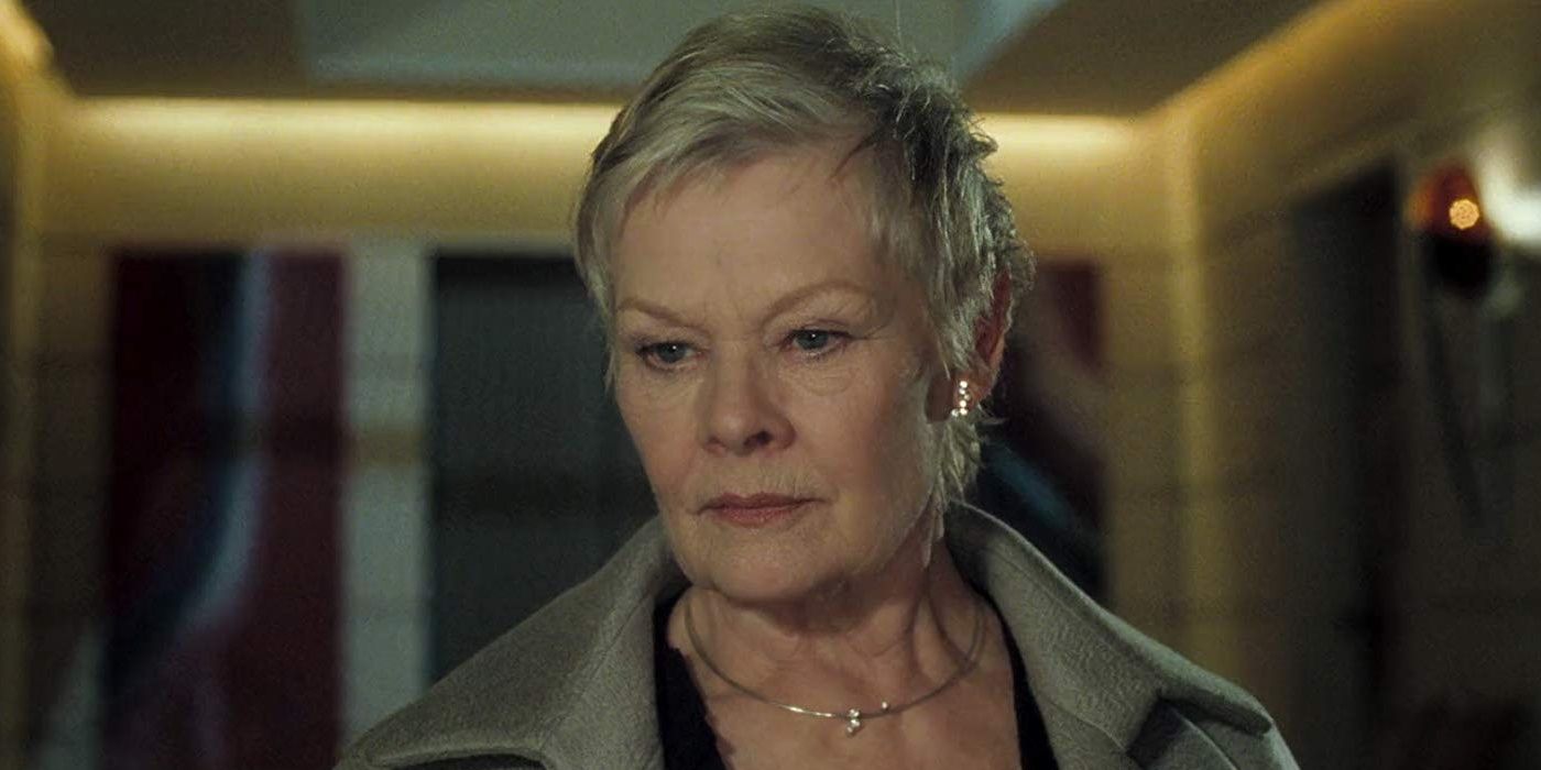Judi Dench as M looking concerned in Casino Royale.