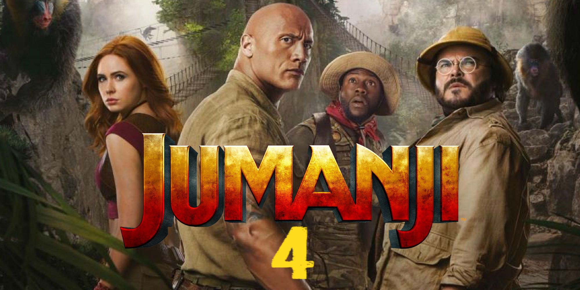 Jumanji 4 title scrawled over an image of the cast