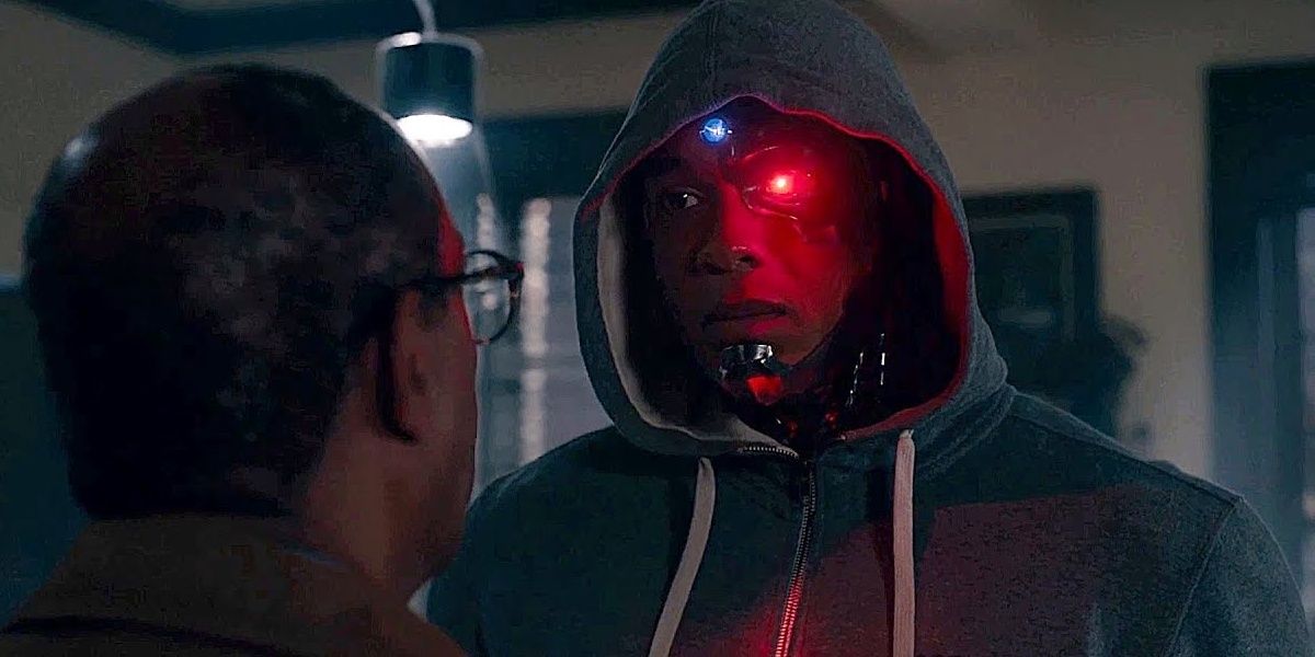 Cyborg wearing a hoodie in a still from Justice League