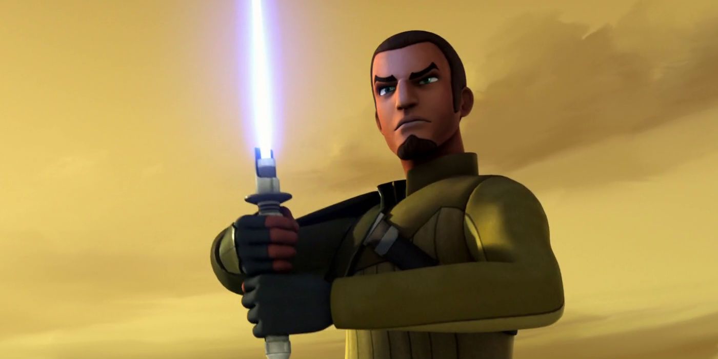 Kanan Jarrus de Star Wars Rebels sosteniendo su sable de luz.