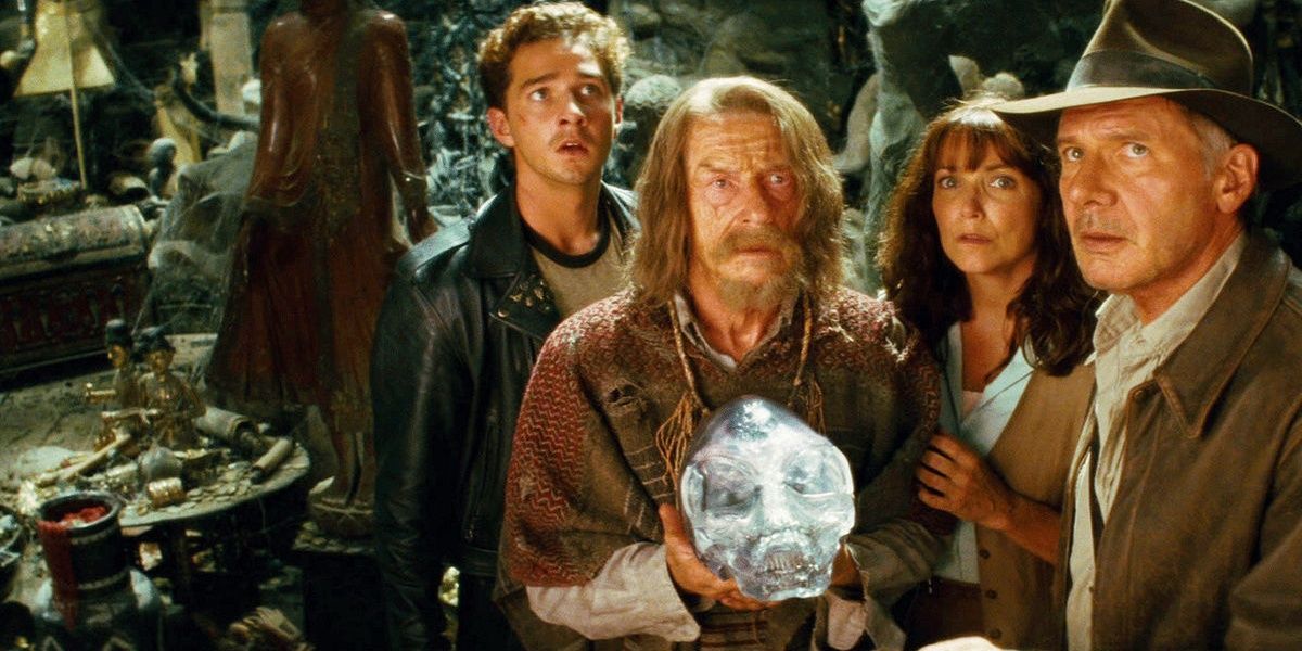 Indiana Jones and company hold the titular crystal skull.
