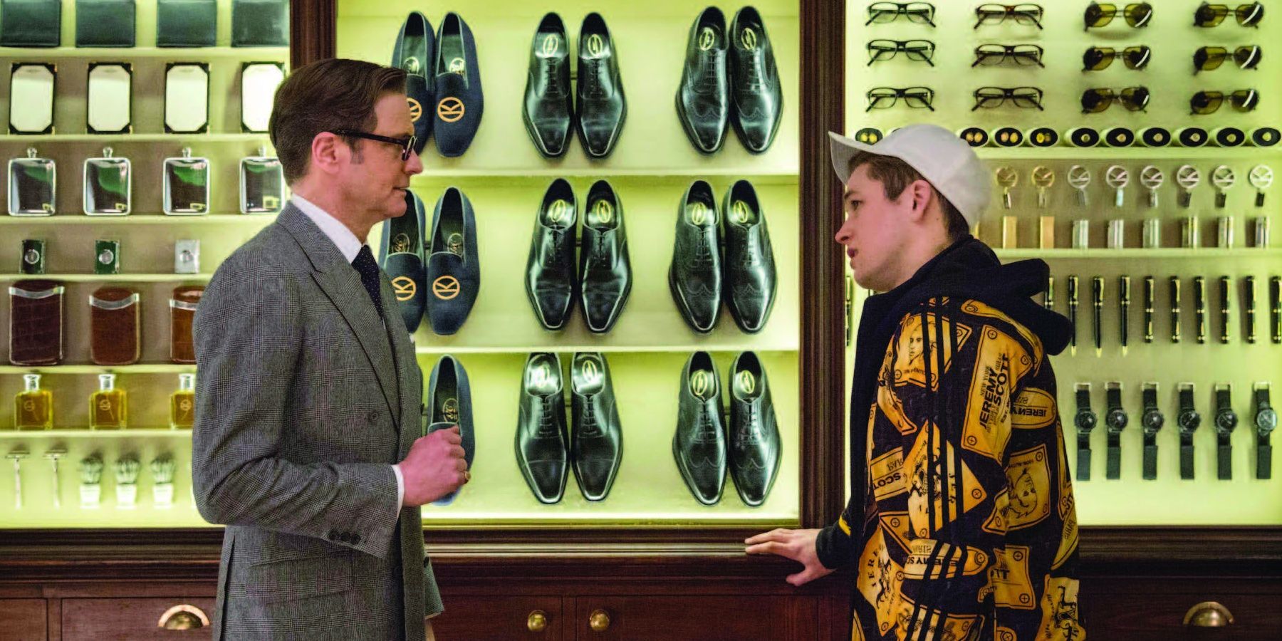 Harry talking to Eggsy in the tailor shop in Kingsman: The Secret Service
