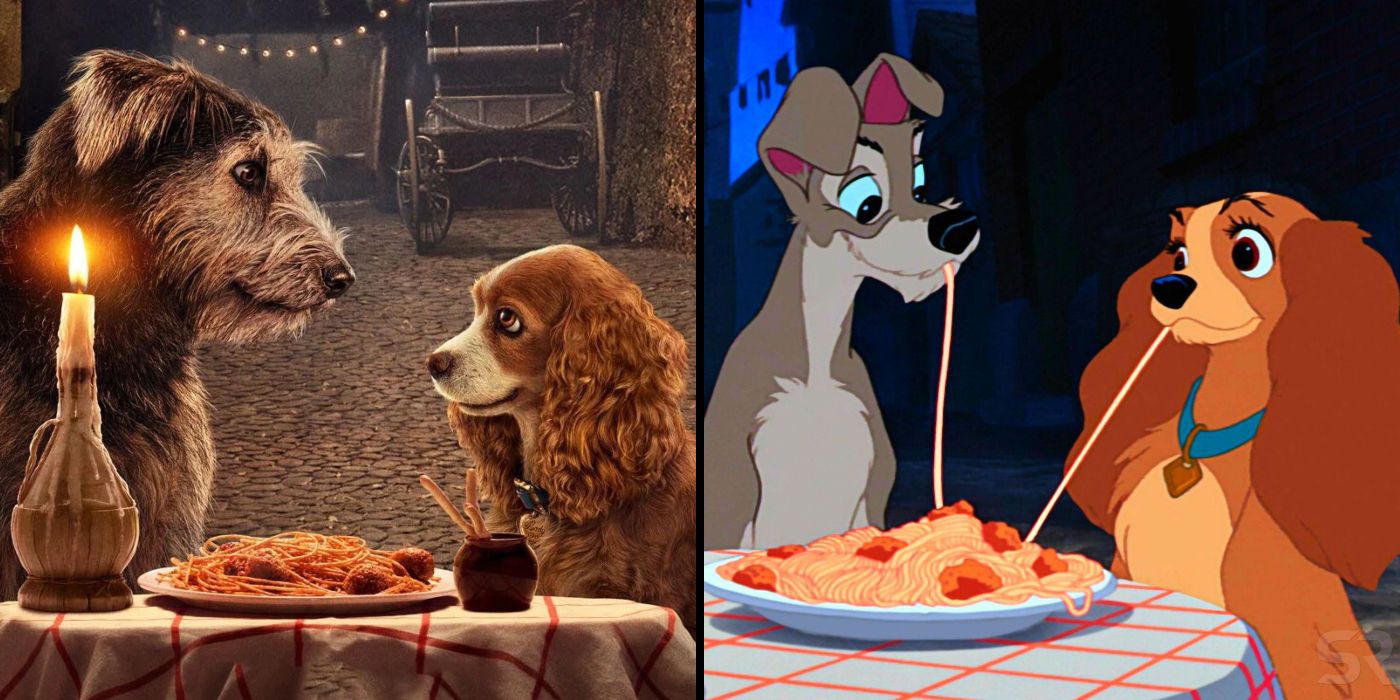 Lady and the Tramp 2019 and Animated Movie: spaghetti scenes