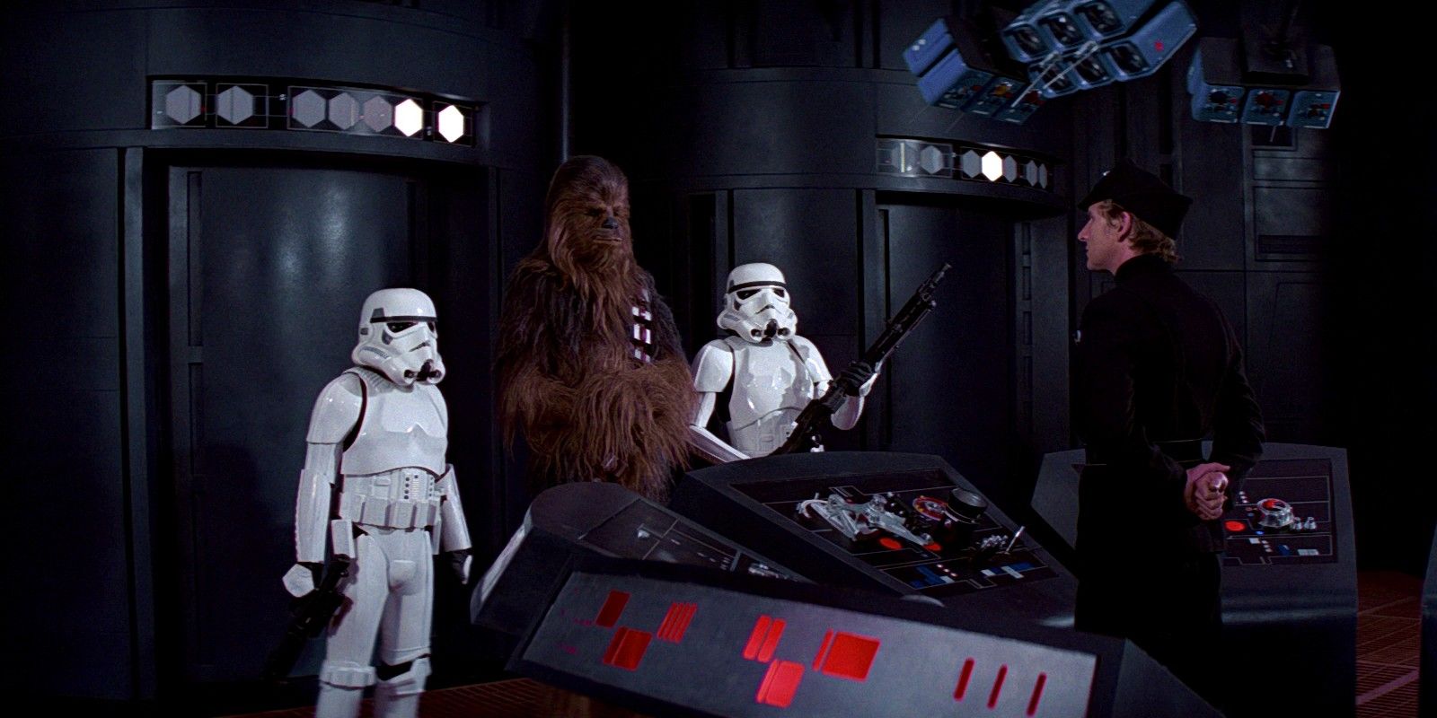 Luke, Han and Chewbacca disguise as stormtroopers in order to rescue Princess Leia Death Star in Star Wars A New Hope