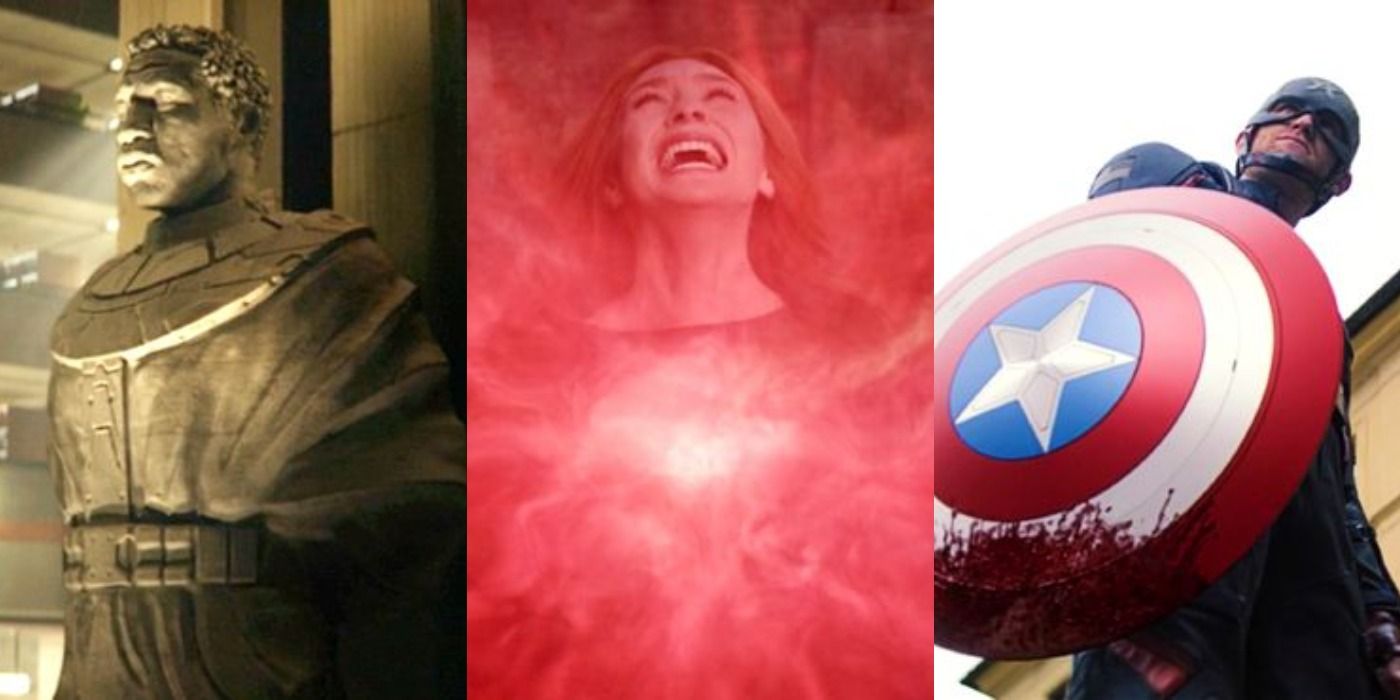 Split image of Kang statue from Loki, Wanda creating Hex in WandaVision, and John Walker holding bloody shield in Falcon and Winter Soldier