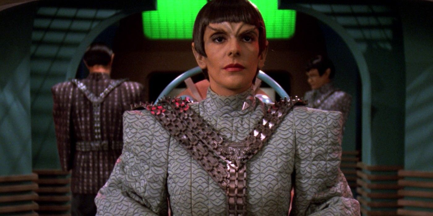 Troi sits on the bridge in a Romulan disguise from Face of the Enemy
