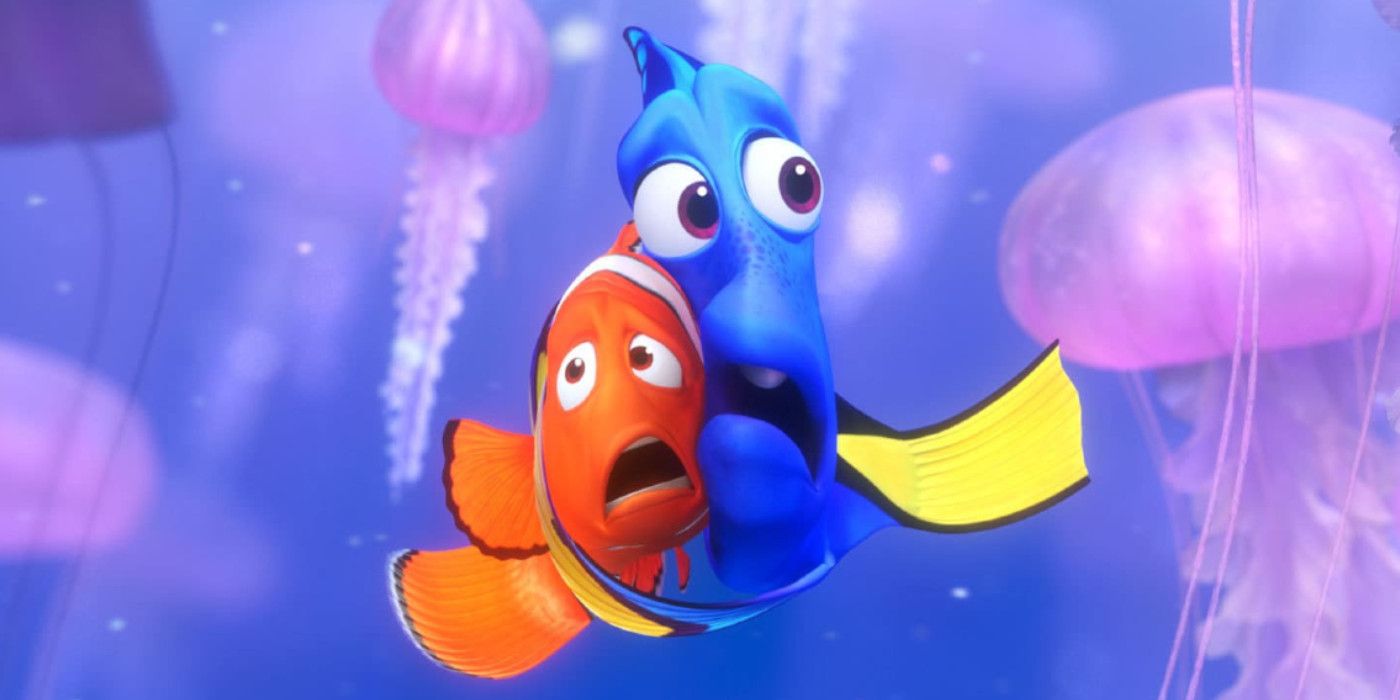 Marlin and Dory scared surrounded by jellyfish