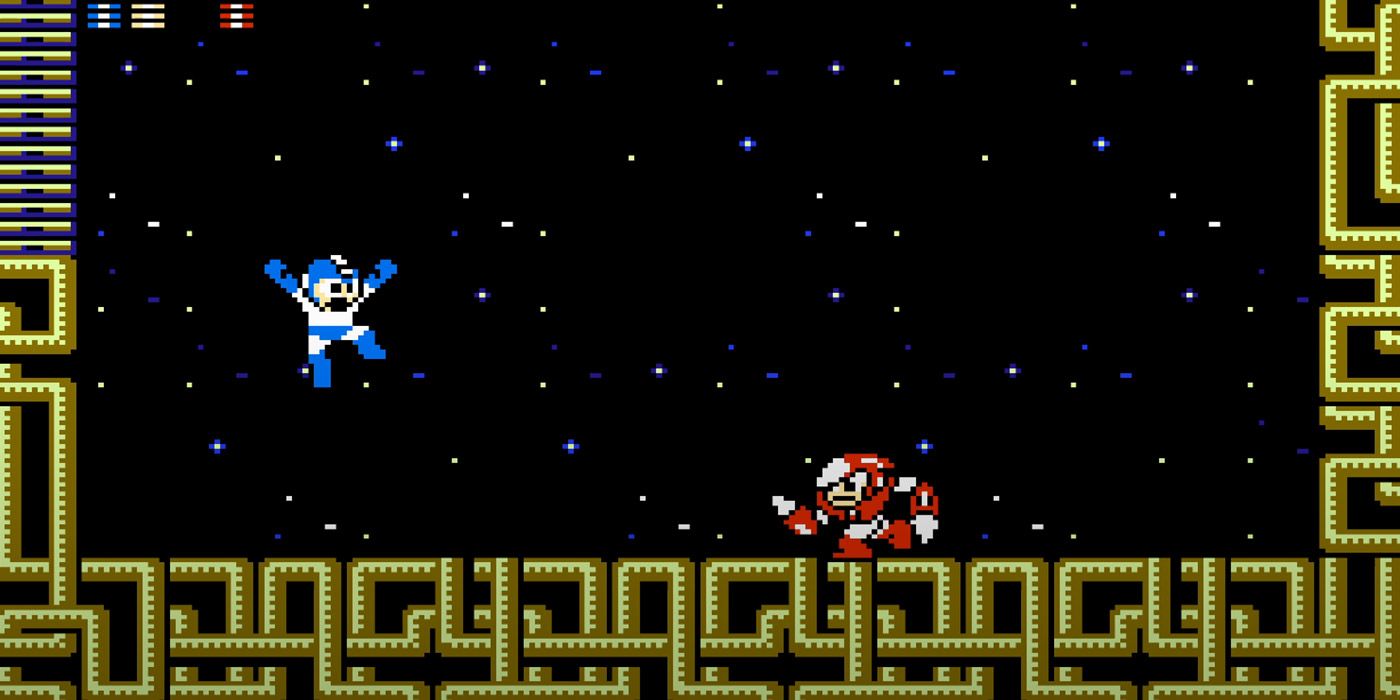 A shot of Mega Man fighting Crash Man in Mega Man 2