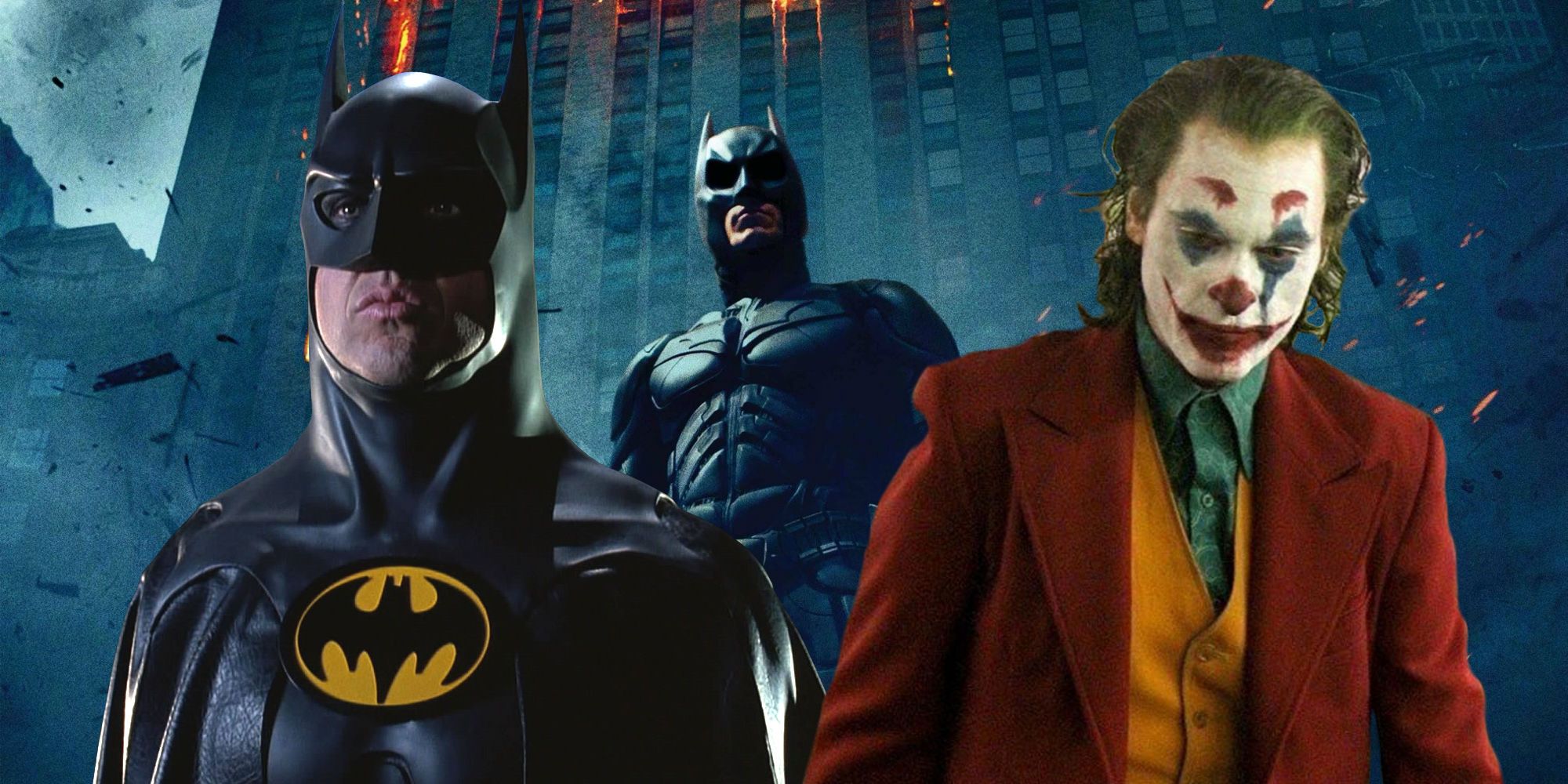 Michael Keaton and Christian Bale as Batman in The Dark Knight and Joaquin Phoenix as Arthur Fleck in Joker