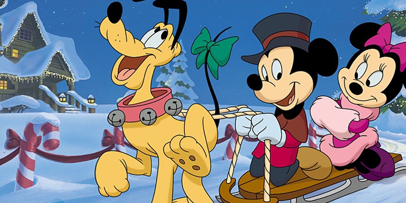 Mickey, Minnie, and Pluto sledding Mickey's Once Upon A Christmas