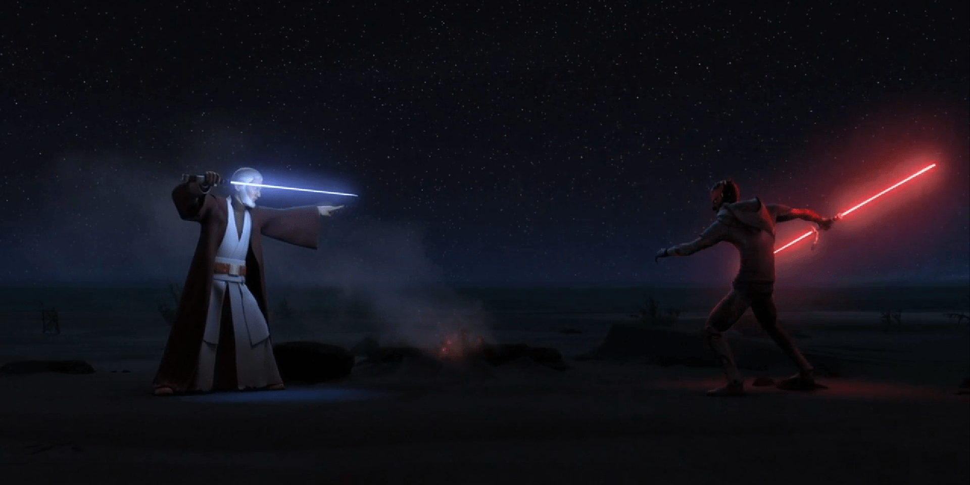 Maul and Obi-Wan prepare to have their final duel on Tatooine in Star Wars Rebels